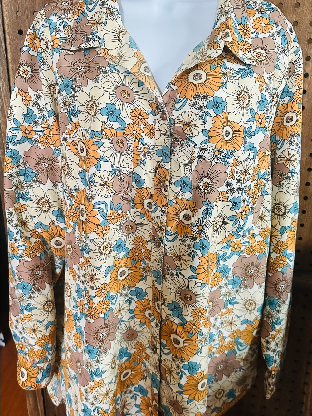 Lightweight Floral Shirt Jacket in Cream, Mustard & Blue Plus Size 3X